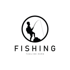 Wall Mural - fishing logo black silhouette angler design and outdoor sunset