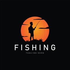 fishing logo black silhouette angler design and outdoor sunset