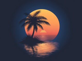 Silhouette of a palm tree on a small island at sunset with a large orange sun and reflection in the water.