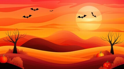 Wall Mural - Halloween Landscape with Bats  Pumpkins and Full Moon