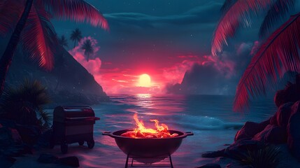 A smoky grill on a tropical beach, cooking fresh seafood, with holographic flames rising, digital waves crashing, and palm trees swaying in neon colors