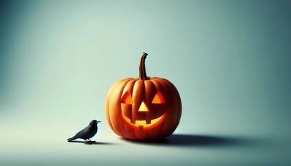 An unlit Halloween Jack O Lantern isolated on a widescreen pale blue background