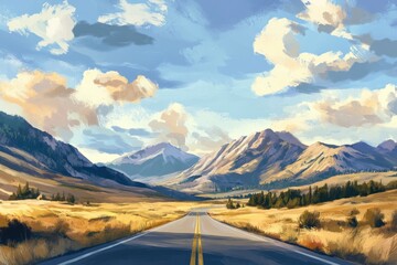 Wall Mural - Landscape with road and mountains beautiful background --ar 3:2 --v 6.1 Job ID: e92e3ebd-8897-48e3-b690-c148aa43b58f