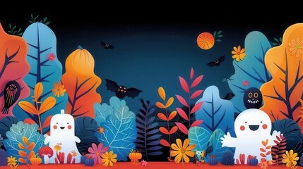 Wall Mural - Cute Cartoon Ghosts Halloween Night Forest Illustration