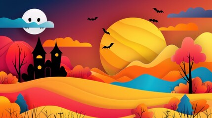 Wall Mural - Halloween Paper Cut Landscape with Haunted House  Full Moon  Bats  and Trees