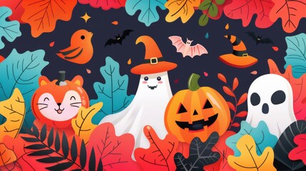 Wall Mural - Cute Halloween Characters with Leaves and Bats