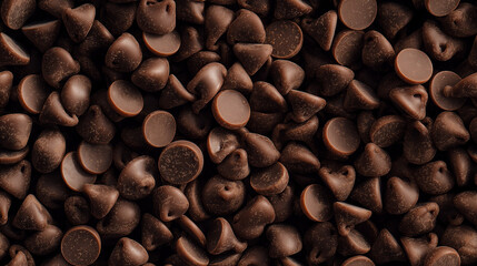 Wall Mural - a pattern in photograph, extreme close-up, top-down view of chocolate chips, filling the entire frame with a focus on the intricate details of the food items