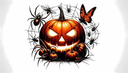 h vector jack o lantern. on white background. dangerous insect. horror banner, scary poster. Isolated allowed pumpkin spider web with bats, created with generative A.I.