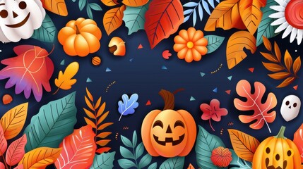 Wall Mural - Halloween Pumpkin with Autumn Leaves Background