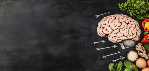 Creative concept illustrating the connection between brain health and nutrition with healthy foods surrounding a brain illustration.