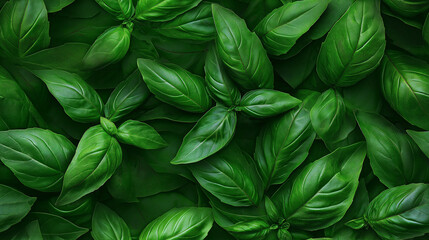 Wall Mural - a photographic pattern of an extreme close-up, top-down view of basil leaves, almond slices, filling the entire frame with a focus on the intricate details