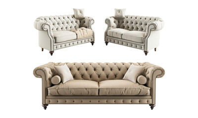 Three White and Beige Chesterfield Sofas isolated on transparent background