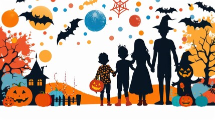 Wall Mural - Halloween Family Trick or Treating with Pumpkins and Bats