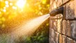 © Paul - Intense pressure washing action removing moss from a stone wall, water droplets flying, sunlight glistening through the spray, hyper-realistic, vibrant colors, dynamic angle