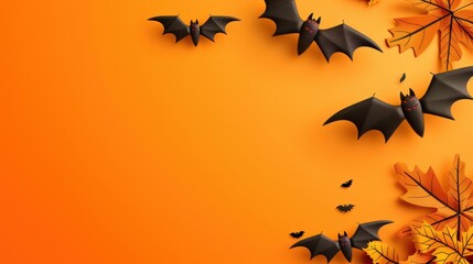 Wall Mural - Halloween Bats and Autumn Leaves on Orange Background