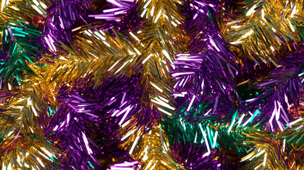 shimmering tinsel garland texture with a blend of metallic purple, gold and green strands