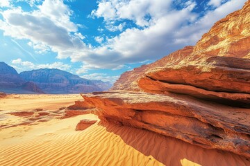 Wall Mural - Desert Landscape with Rock Formation during Afternoon in Jordan. Beautiful Outdoor Scenery of Wadi Rum with Sandy Surface, ai