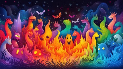 Wall Mural - Colorful Fantasy Creatures in Flames Night Sky Illustration