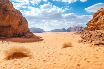 Wall Mural - Desert Landscape with Rock Formation during Afternoon in Jordan. Beautiful Outdoor Scenery of Wadi Rum with Sandy Surface, ai