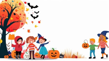 Wall Mural - Happy Halloween Trick or Treat Kids With Pumpkins and Fall Leaves