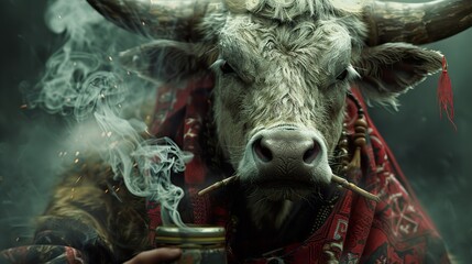 Poster - Mystical Bull Portrait with Smoke and Beads