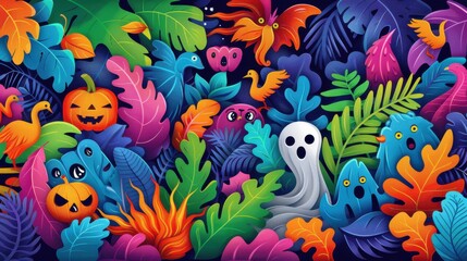 Wall Mural - Colorful Halloween  Jungle Foliage  Illustration