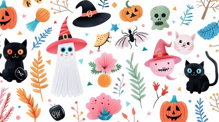 Sticker - Cute Halloween Clipart Illustration with Pumpkins  Cats  Witches  and Flowers