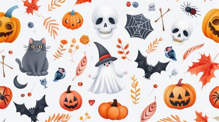 Sticker - Cute Halloween Seamless Pattern with Pumpkins  Ghosts  Bats  and Skulls