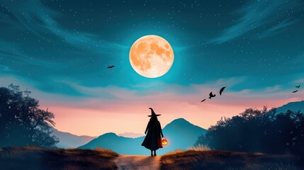 Wall Mural - Silhouette of Witch with Jack o  lantern Walking on Path under Full Moon at Night