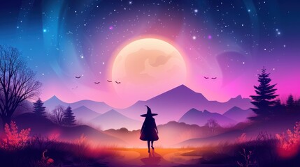 Wall Mural - Silhouette of a Witch Under a Full Moon in a Fantasy Landscape