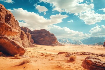 Wall Mural - Desert Landscape with Rock Formation during Afternoon in Jordan. Beautiful Outdoor Scenery of Wadi Rum with Sandy Surface , ai