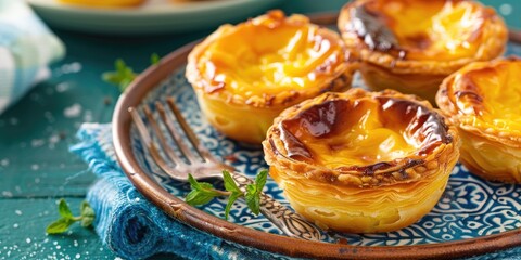 Classic Egg Custard Tarts on Blue Tile with a Fork in Focus