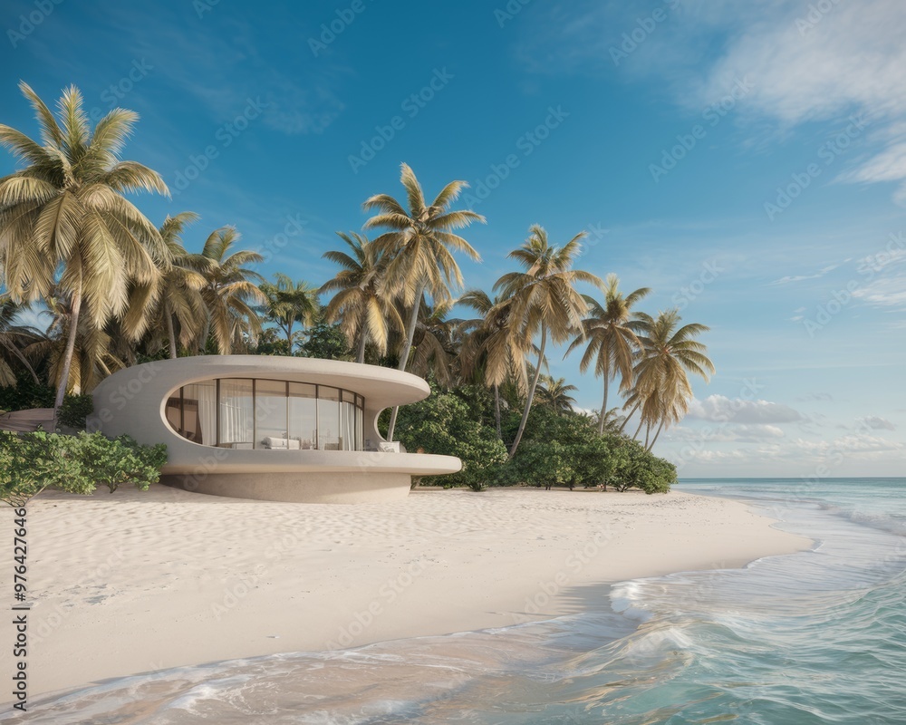 Modern villa on a tropical sand beach among palm trees. Minimalist ...