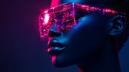 Futuristic fashion model with holographic accessories, metallic fabrics reflecting digital patterns, Sci-Fi, Neon, 3D render, vibrant lighting, high-tech textures