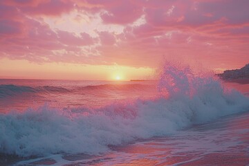 Wall Mural - Sunset Over the Ocean with a Wave Crashing on the Shore