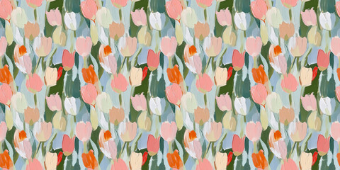 Wall Mural - a dreamy and clean pattern of tulips in a naive impressionistic style with gouache