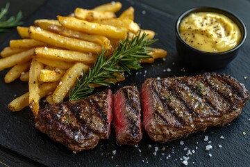 Wall Mural - Grilled Steak with French Fries and Rosemary on a Black Slate Plate