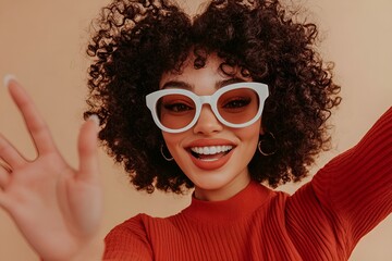 Stylish woman with curly hair wearing red , taking a selfie and waving her hand