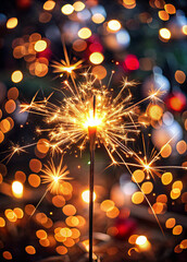 Burning Christmas Sparkler with Bokeh Background in Festive Setting