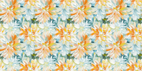 Wall Mural - dreamy and clean abstract pattern of chrysanthemums in a naive impressionistic style with gouache