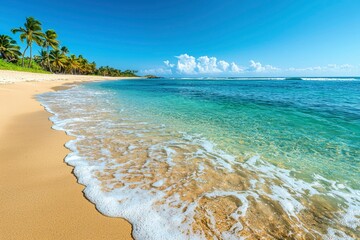 Wall Mural - Tranquil Tropical Beach Scene with Palm Trees and Crystal Clear Water