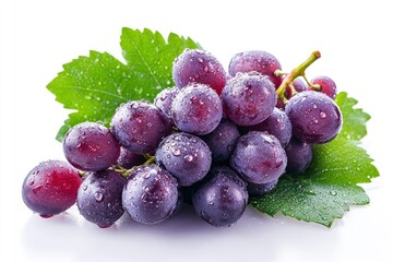 Small bunch of red table grape with grape leaves covered with water drops isolated on white background, ai