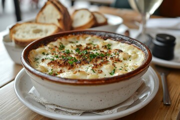 Creamy white dish with brown crust and green garnish in a white bowl