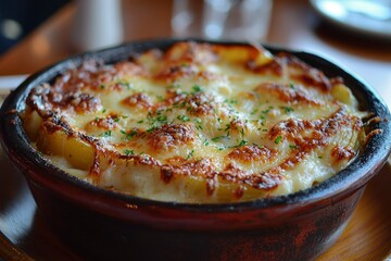 Close-up of Creamy Baked Potato Casserole Topped with Cheese and Parsley