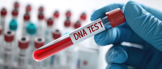 A person is holding a blood sample tube that says DNA test. Concept of medical testing and the importance of understanding one's genetic makeup