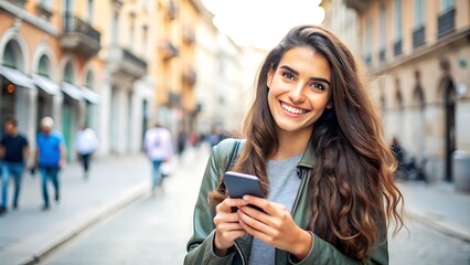 Smiling woman using a smartphone in a city street.