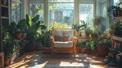 serene botanical-themed sunroom filled with an array of thriving houseplants and natural light