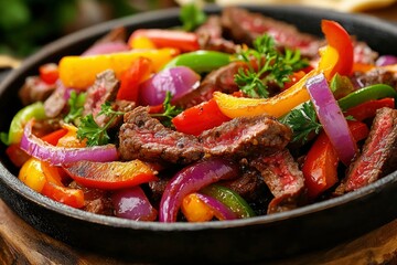 Sizzling Steak with Peppers and Onions in a Cast Iron Skillet