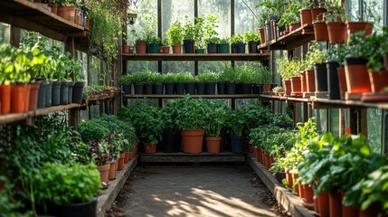 lush verdant greenhouse filled with a diverse array of potted plants herbs and seedlings