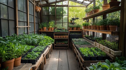 Wall Mural - Botanical Haven: Vibrant Greenhouse Bursting with Diverse Potted Plants, Herbs, and Seedlings